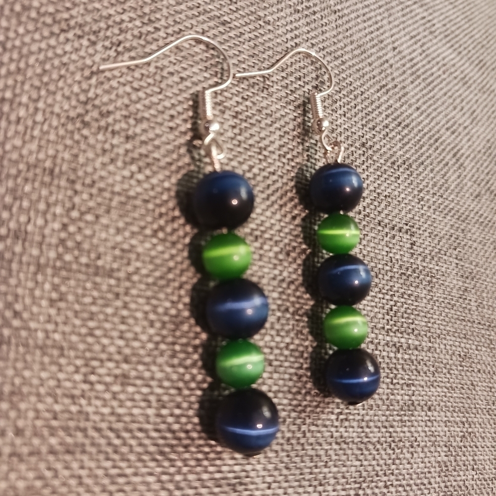 Dark Blue and Green Earrings Cat's Eye Glass Beads - New Item (2")